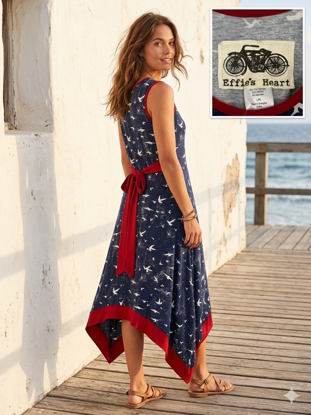 Effie’s Heart Beachcomber Dress Mouette Seagull Print Navy Red L/XL